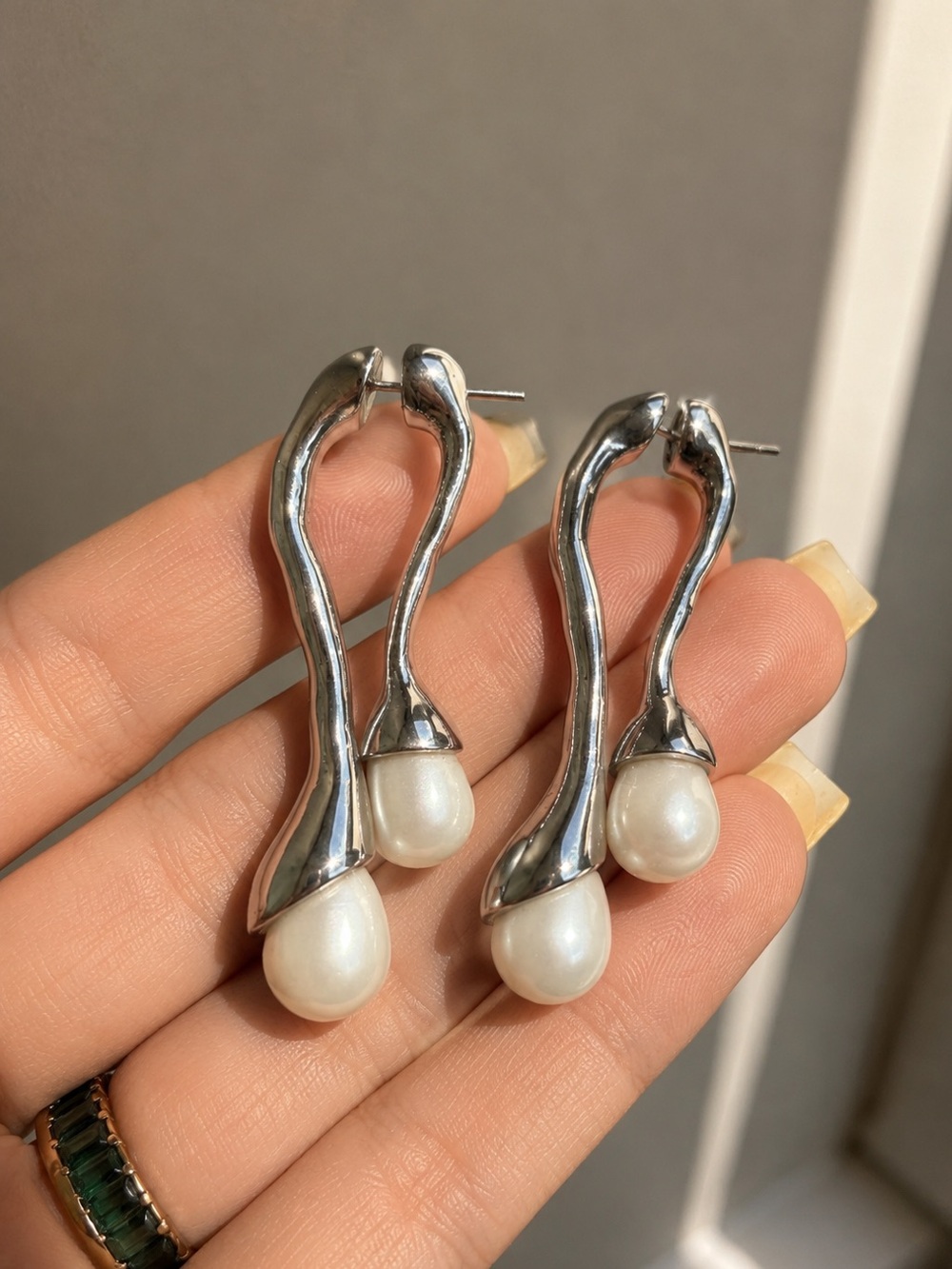 Silver statement Drop Earrings with White Pearl